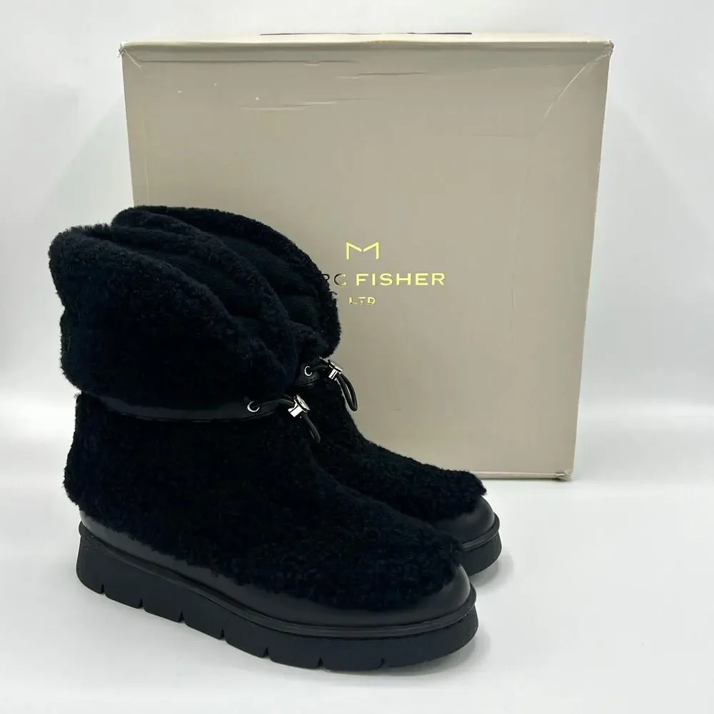 Marc Fisher Kamryn Black Genuine Shearling Platform Booties Size 6 Après Ski